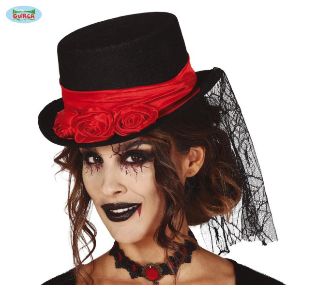 Cappello da vampira in feltro con veletta e rose rosse
