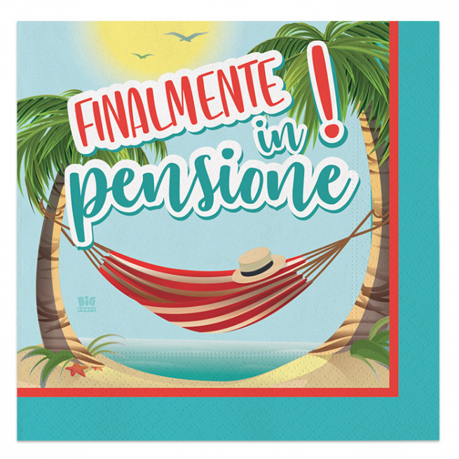 Tovagliolo carta fantasia "Finalmente in pensione", confezione da 20 pezzi
