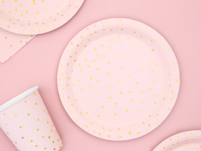 Piatto in cartoncino rosa con pois, diametro 18 cm, confezione da 6 pezzi