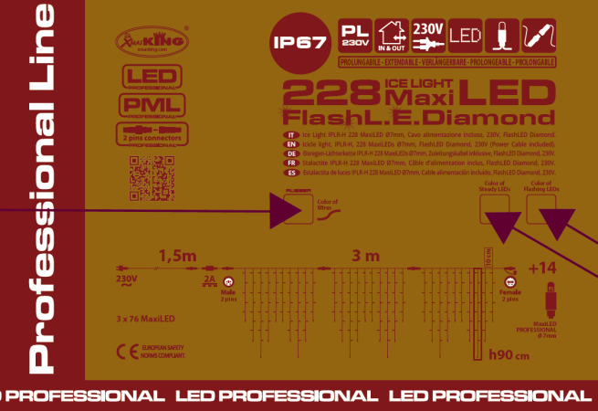 Tenda di luci 228 MaxiLed, Flashled Diamond, luce calda, uso interno ed esterno, prolungabile, larghezza 3 x 90 centimetri di altezza