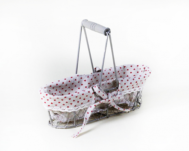 Cesto ovale in ferro con stoffa pois, formato 8x25 cm, altezza 8 cm e 18 cm con manico