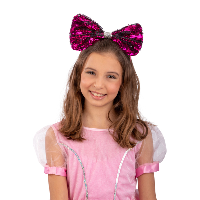 Cerchietto fiocco con paillettes reversibili ficsia e argento