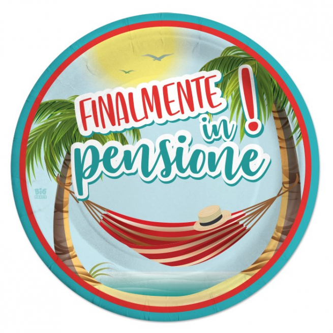 Piatto in cartoncino fantasia "Finalmente in Pensione", diametro 18 cm, confezione da 8 pezzi