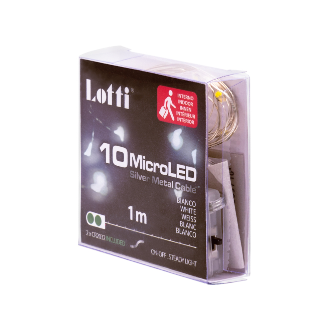 Filo lineare 10 microled a batteria, luce fredda fissa, filo in metallo, uso interno, lunghezza 1 metro