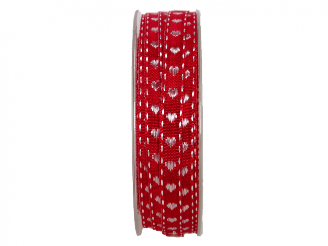 Rotolo nastro "Bella" rosso con cuori bianchi, altezza 10 mm, lunghezza 20 metri