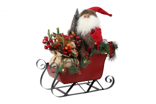 Slitta rossa con Babbo Natale e luci led, altezza 50 cm