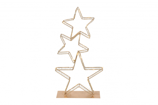 Tris di stelle in metallo oro con luci led su base, varie misure