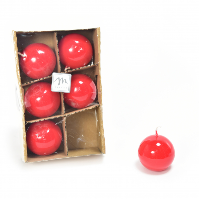 Candela sfera in cera rossa lucida, diametro 5 cm, confezione regalo da 6 pezzi