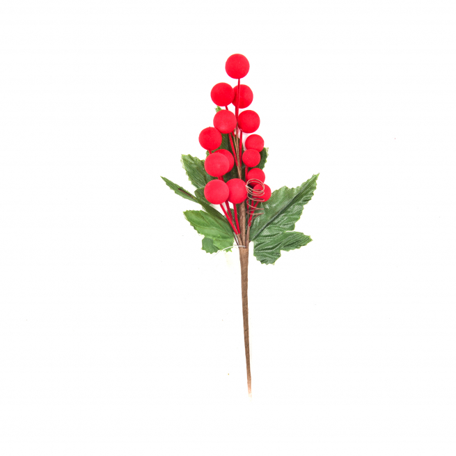 Pick natalizio con bacche rosse floccate, altezza 22.5 cm, confezione da 12 pezzi