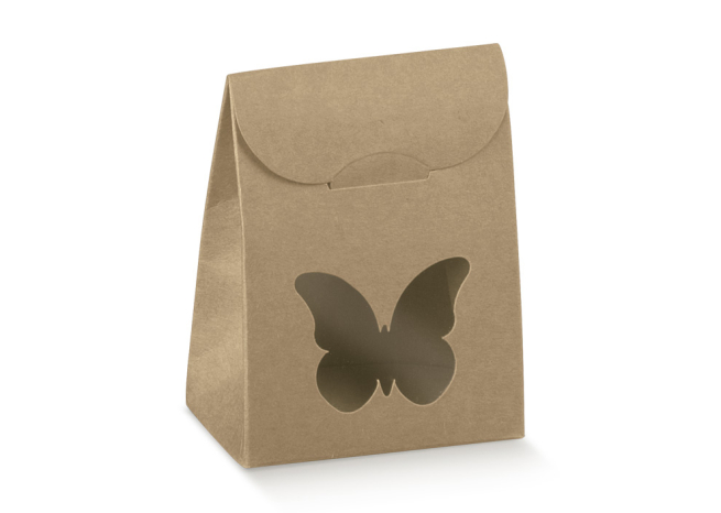 Sacchetto in cartone avana con finestra a farfalla, altezza 8 cm, confezione da 10 pezzi