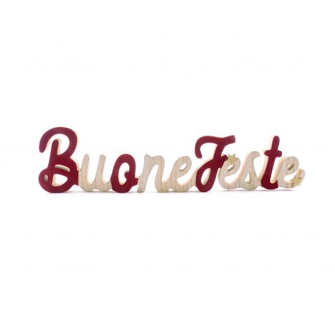 Scritta "Buone Feste" in legno, lunghezza 39.5 cm