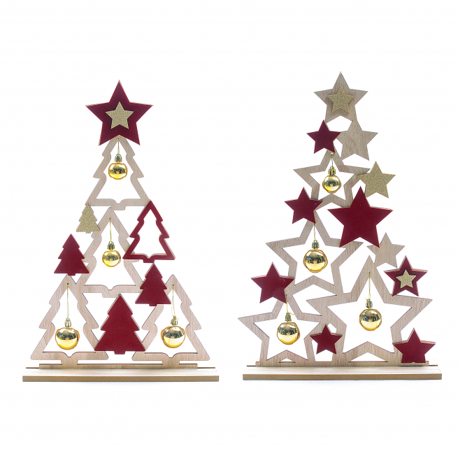 Albero di Natale in legno su base, altezza 45 cm, modelli assortiti