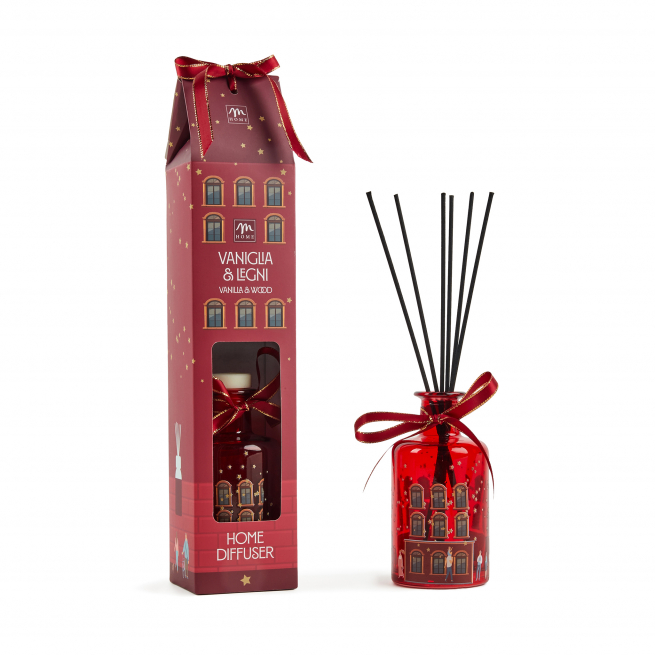 Diffusore di fragranza "Vaniglia e Legni" da 180 ml con bottiglia rossa e bacchetti, in scatola regalo