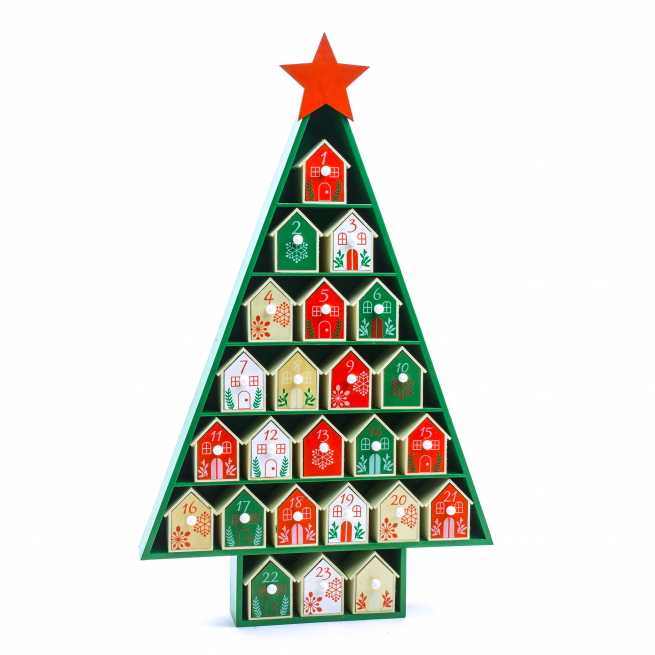 Calendario dell'Avvento in legno a forma di albero, altezza 62 cm
