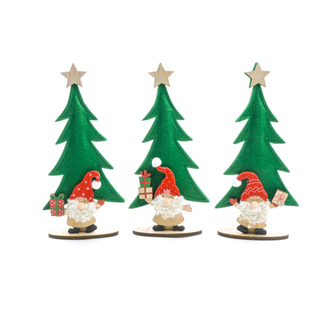 Albero con Babbo Natale in pannolenci su base di legno, soggetti assortiti, varie misure