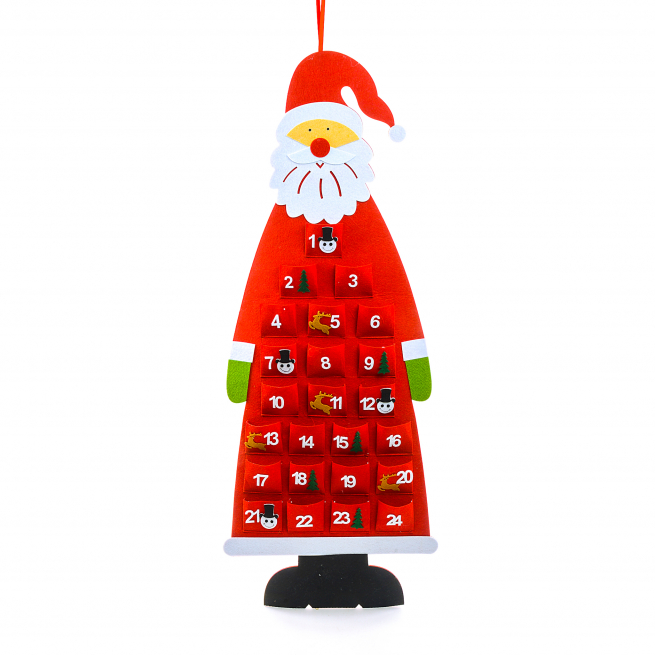 Calendario dell'Avvento in pannolenci da appendere a forma di Babbo Natale, altezza 114 cm