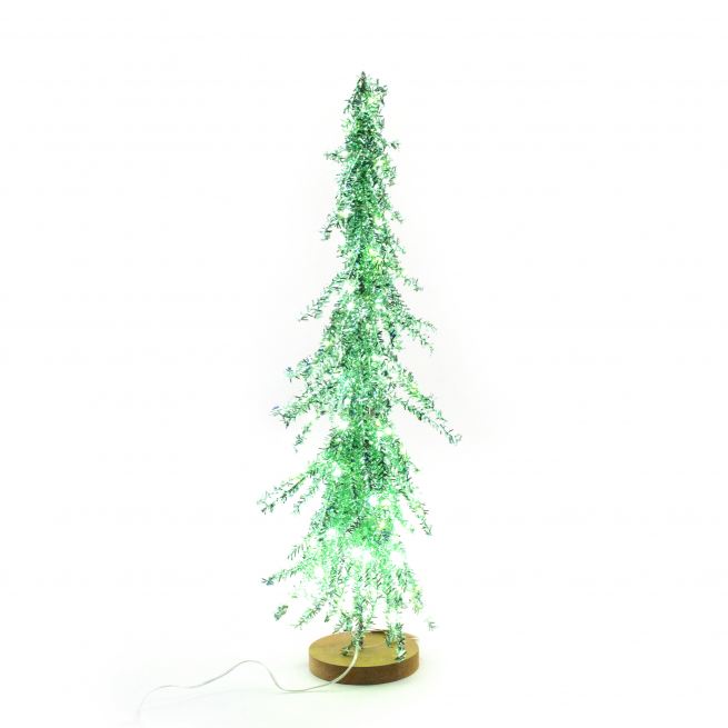 Albero in metallo e plastica verde su base con luci, varie misure