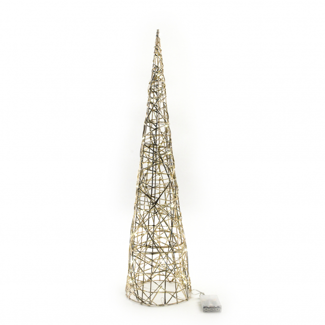 Albero conico in metallo oro con 40 luci a batteria, altezza 80 cm