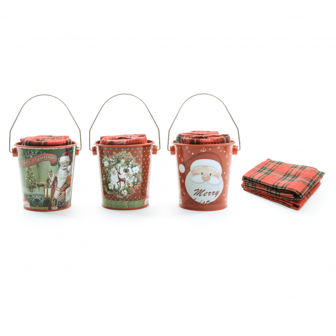 Cestino in latta altezza 11 cm con 2 canovacci natalizi, soggetti assortiti