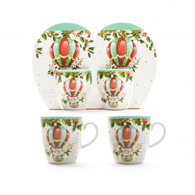 Tazzina da caffè in porcellana con mongolfiere, altezza 6 cm, confezione regalo da 2 pezzi