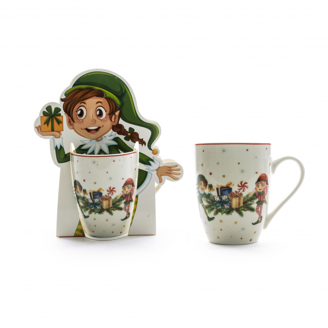 Tazza da da 350 ml in porcellana con elfi, altezza 11.5 cm, in confezione regalo