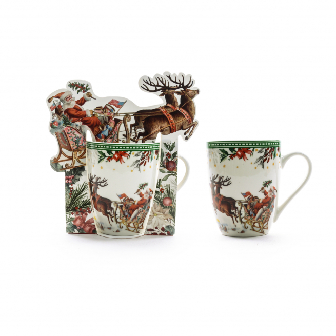 Tazza da da 350 ml in porcellana con slitta di Babbo Natale, altezza 11.5 cm, in confezione regalo