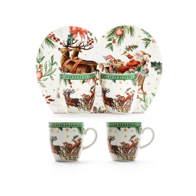 Tazzina da caffè in porcellana con slitta di Babbo Natale, altezza 6 cm, confezione regalo da 2 pezzi