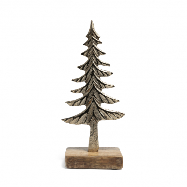 Albero di Natale in alluminio oro su base in legno, varie misure