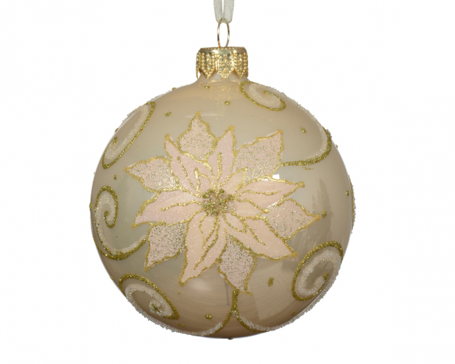 Sfera in vetro perla con stella di Natale glitter, diametro 8 cm