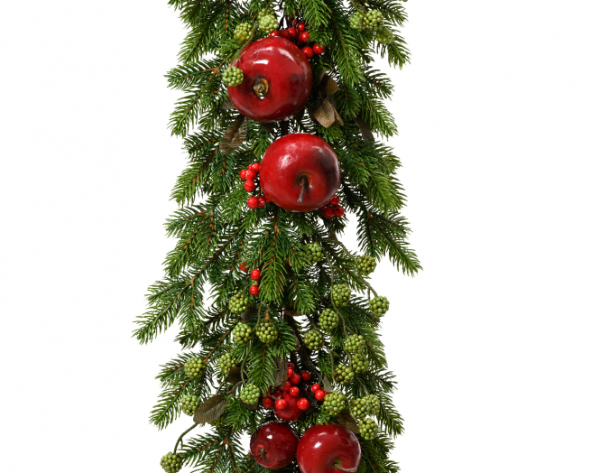 Festone verde da interno con bacche e mele rosse, lunghezza 180 cm