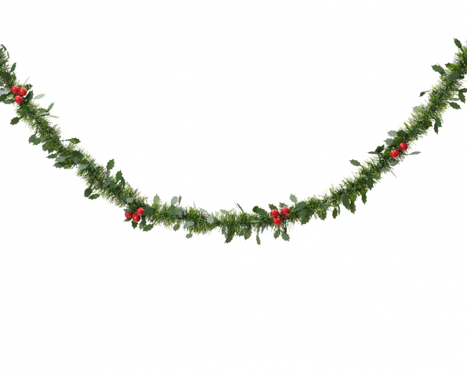 Festone per albero verde con bacche e agrifoglio, lunghezza 270 cm, diametro 10 cm