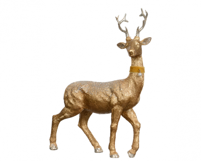 Renna in poliresina oro con collare, altezza 22 cm