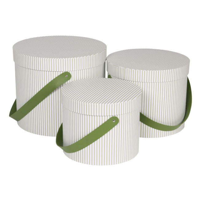 Scatola tonda in cartoncino bianco a righe verdi con maniglia, vari formati