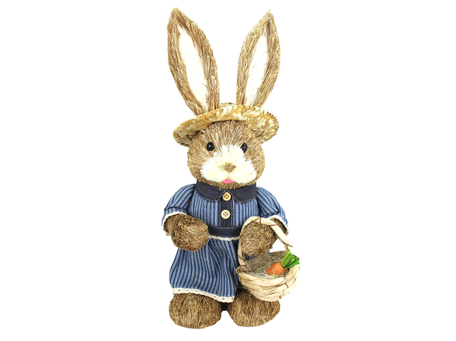 Coniglia in saggina naturale con cesto e vestito a righe blu, altezza 45 cm