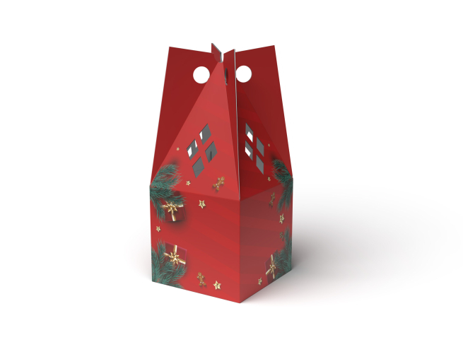 Scatola porta panettone fantasia "Holly Spirit" con maniglia, 22x22x50 cm, cartone da 50 pezzi